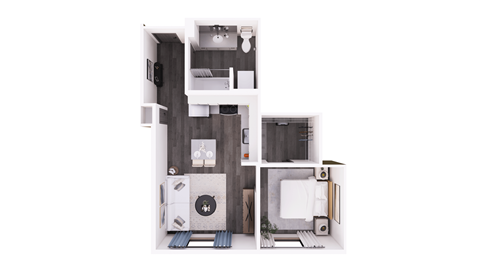 a stylized floor plan with a bedroom and a bathroom